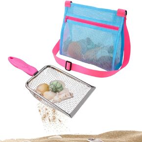 Beach Mesh Shovel with Mesh Beach Bag Shell Bags for Picking Up Shells, Sand Sifter Kids Filter Sand Scooper for Shells Collecting, Shark Teeth Sifter Dipper for Kids(Orange+Green)