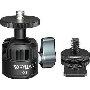 WEYLLAN G1 Mini Ball Head with Cold Shoe Mount Adapter, Panoramic Metal Small Ball Head Mount with 1/4'' Mounting Screw and Threaded Hole for DSLR Camera, Camcorder, Mini Desktop Tripod, Light Stand