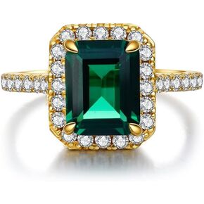 Emerald Ring for women 7x9mm Square Cut Green Gemstone Promise Ring Sterling Silver 18K Yellow Gold Plated Square CZ Eternity Engagement Wedding Band Ring with, Sizes 5-9