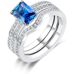 AiliFe Three-in-One Sapphire Rings Set for Women and Girls, 14K White Gold Plated Blue Cubic Zirconia Promise Engagement Wedding Bands Ring