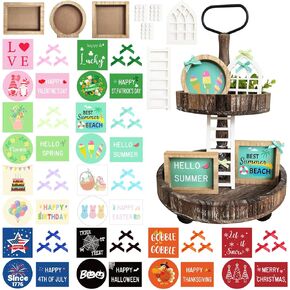 Summer Farmhouse Interchangeable Tiered Tray Decor Set, 53 Pcs 4th of July Tiered Tray Decorations with Wooden Frames, Seasonal Decor Items for Summer, Birthday, 4th of July...(Tray Not Include)