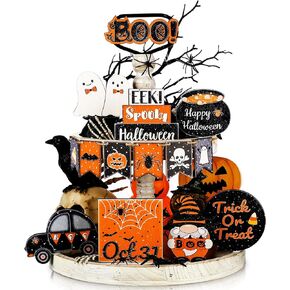 Thyle 15 Pcs Halloween Tiered Tray Decor Set Cute Halloween Wooden Signs Black and Orange Tray Signs Happy Halloween Wooden Signs Ghost Wooden Block Halloween Decor for Home