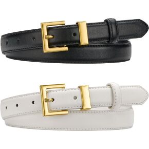 2 Pack Women's Leather Belt for Jeans Pants Dresses Fashion Ladies Wasit Belt with Square Gold Buckle