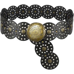 Glamorstar Wide Disc Belt for Women Concho Leather Waist Belts Vintage Western Belt for Dresses