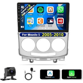 2+64G Android 13 Car Stereo for Mazda 5 2007-2012 with Wireless Apple CarPlay Android Auto,9 inch Touchscreen Car Radio with WiFi,GPS Navigation,Bluetooth,FM/RDS,SWC AUX-in,Dual USB+AHD Backup Camera