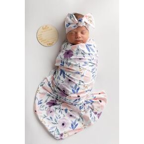 Vollmic Newborn Baby Girl Receiving Blanket Swaddle Blanket Stretchy Knit Swaddle Set with Matching Headband Beanie with a Name Card (Pink and Purple Floral)