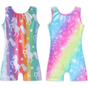 HOZIY Bundle of Rainbow Leotards with Shorts for Girls and Rainbow Unicorn Biketard for Kids Gymnastics Size 6-7 Years