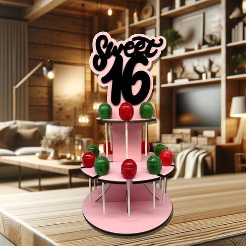 Sweet 16 Dessert Table Display Set Cupcake Stand, Lollipop Stand, and Cake Pop Holder | Name Personalized Sweet 16 Party Decorations and Centerpiece | Laser Cut Wood | Lollipop Stand in Saudi Arabia