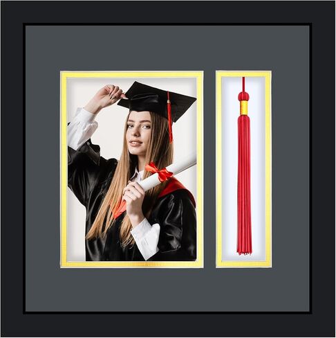 إطار صورة التخرج 4 × 6 مع حامل شرابة للصور إطار صورة أنيق أسود فوق ذهبي حصيرة مزدوجة 2024 هدية ديكور التخرج للخريجين in Kuwait