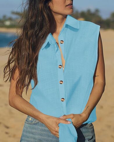 ZAAYO المرأة بلا أكمام زر أسفل القمصان البلوزات الصلبة عارضة الكتان الخامس الرقبة أكمام تانك القمم الأعمال العمل (S-2XL) in Kuwait