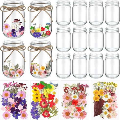 12 Sets DIY Pressed Flowers Mason Jars Set Dried Flower Mason Jar Decorations 12 oz Mason Jars 140 Pcs Natural Real Pressed Flowers for Kindergarten Lantern Art Crafts Making Wedding Favors in Saudi Arabia