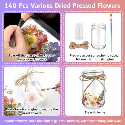 12 Sets DIY Pressed Flowers Mason Jars Set Dried Flower Mason Jar Decorations 12 oz Mason Jars 140 Pcs Natural Real Pressed Flowers for Kindergarten Lantern Art Crafts Making Wedding Favors in Saudi Arabia