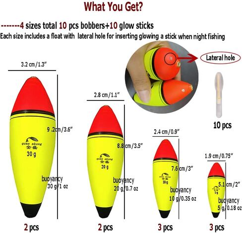 10 قطع من FASPLORE 4 مقاسات من عوامات الصيد والبوبرز تأتي مع 10 قطع من أعواد الصيد المتوهجة المطلية بالمطاط من إسفنج EVA بوزن 1 أونصة، 2/3 أونصة، 1/3 أونصة، 1/6 أونصة. in Kuwait