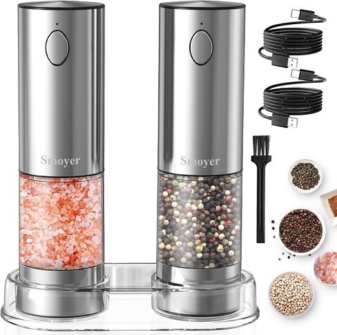 Rechargeable Salt and Pepper Grinder Set, Smoyer Stainless Steel Automatic Salt and Pepper Grinder Mill, Electric Pepper Shakers Set with Adjustable Coarseness and LED Light, Upgraded Larger Capacity in Saudi Arabia