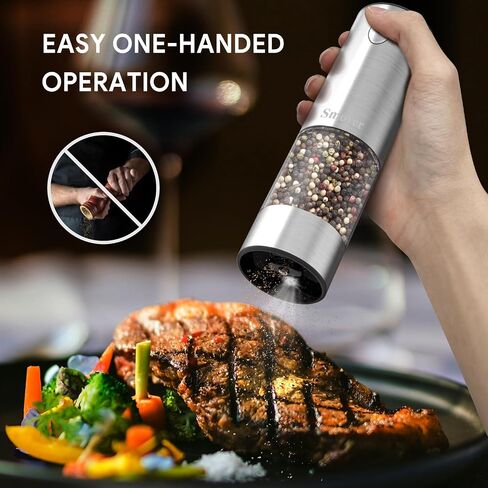 Rechargeable Salt and Pepper Grinder Set, Smoyer Stainless Steel Automatic Salt and Pepper Grinder Mill, Electric Pepper Shakers Set with Adjustable Coarseness and LED Light, Upgraded Larger Capacity in Saudi Arabia