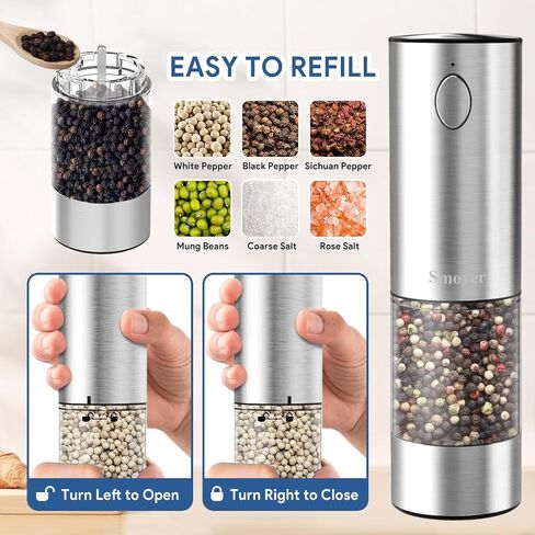 Rechargeable Salt and Pepper Grinder Set, Smoyer Stainless Steel Automatic Salt and Pepper Grinder Mill, Electric Pepper Shakers Set with Adjustable Coarseness and LED Light, Upgraded Larger Capacity in Saudi Arabia
