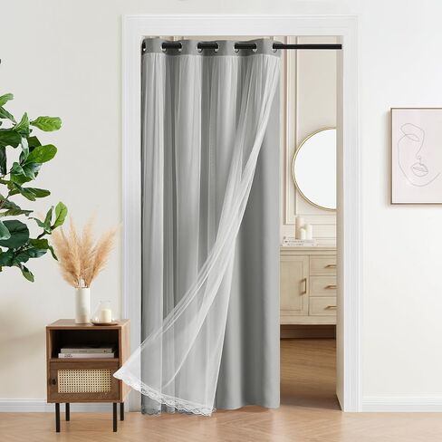 Vatge Layered Curtains for Doorways Blackout Door Curtains with Sheer Overlay Double Layer Closet Curtains, 1 Panel, W42 x L80, Greyish White in Saudi Arabia