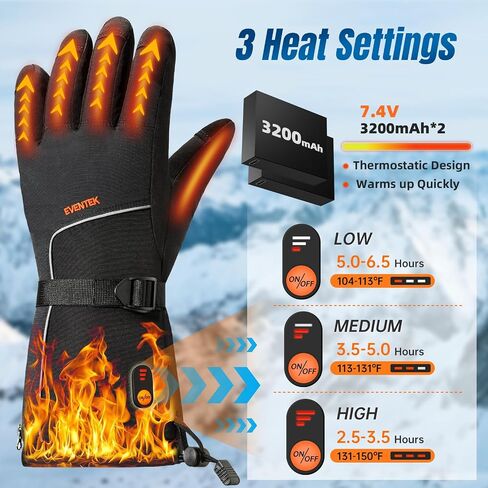 Heated Gloves for Men Women, Rechargeable Heated Gloves 7.4V with 3200mAh*2 Battery, Electric Gloves Waterproof Windproof for Arthritis Hands, Touchscreen Heated Gloves for Motorcycle/Skiing/Hunting in Saudi Arabia