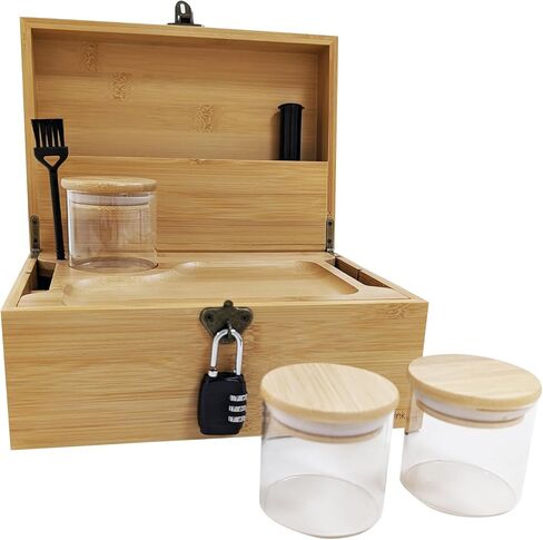 Arborishthink Bamboo Chest Kit Storage Box with Bamboo Tray Decorative Box with Combination Lock Box – Trendy & Large Bamboo Box with 3 Glass Jars and Detachabe Tray - Natural in Saudi Arabia