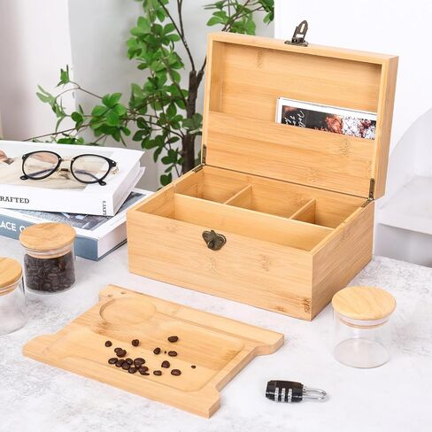 Arborishthink Bamboo Chest Kit Storage Box with Bamboo Tray Decorative Box with Combination Lock Box – Trendy & Large Bamboo Box with 3 Glass Jars and Detachabe Tray - Natural in Saudi Arabia