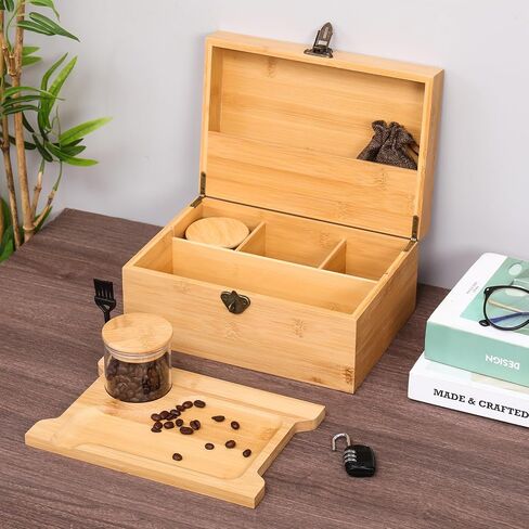 Arborishthink Bamboo Chest Kit Storage Box with Bamboo Tray Decorative Box with Combination Lock Box – Trendy & Large Bamboo Box with 3 Glass Jars and Detachabe Tray - Natural in Saudi Arabia