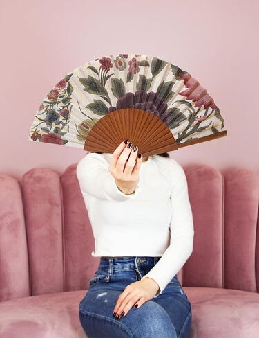 Shawl Hand Fan | Handcrafted Spanish Hand Fan | Cotton Fabric and Wood | Includes Protective Jute Cotton Bag | Authentic Gift | 23cm - 9". in Kuwait