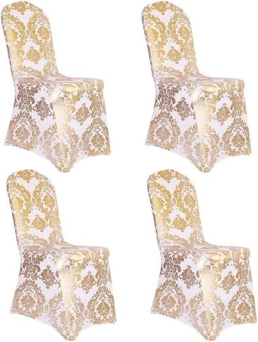 Pack of 1 Dining Chair Covers Bronzing Gold Flower Print Removable Washable Spandex Stretch Decorative Chair Slipcovers Set for Party Wedding Home Decorations - Gold+White in Saudi Arabia
