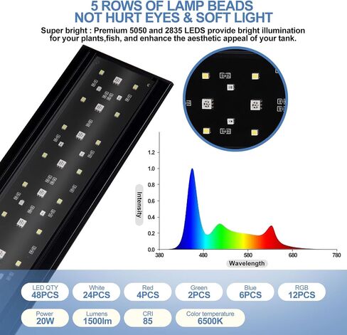 مصباح YISITONG LED لحوض السمك، مشبك لخزان الأسماك كامل الطيف مع مؤقت قابل للتعديل وسطوع، للشعاب المرجانية والنباتات المائية وحوض السمك 20 وات (40-60 سم) in Saudi Arabia