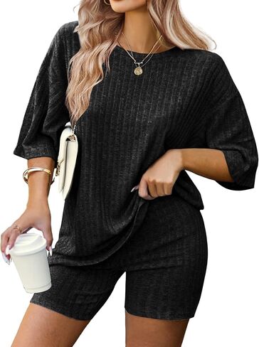 IN'VOLAND Women's Plus Size 2 Piece Outfits Ribbed Knit Matching Outfits T-shirt Biker Shorts Sets Tracksuits in Saudi Arabia