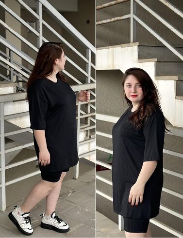 IN'VOLAND Women's Plus Size 2 Piece Outfits Ribbed Knit Matching Outfits T-shirt Biker Shorts Sets Tracksuits in Saudi Arabia