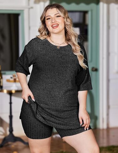 IN'VOLAND Women's Plus Size 2 Piece Outfits Ribbed Knit Matching Outfits T-shirt Biker Shorts Sets Tracksuits in Saudi Arabia