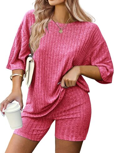 IN'VOLAND Women's Plus Size 2 Piece Outfits Ribbed Knit Matching Outfits T-shirt Biker Shorts Sets Tracksuits in Saudi Arabia