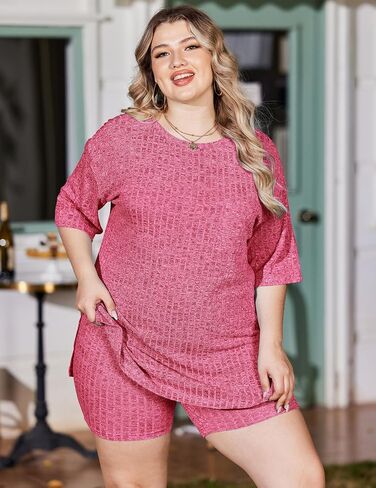 IN'VOLAND Women's Plus Size 2 Piece Outfits Ribbed Knit Matching Outfits T-shirt Biker Shorts Sets Tracksuits in Saudi Arabia