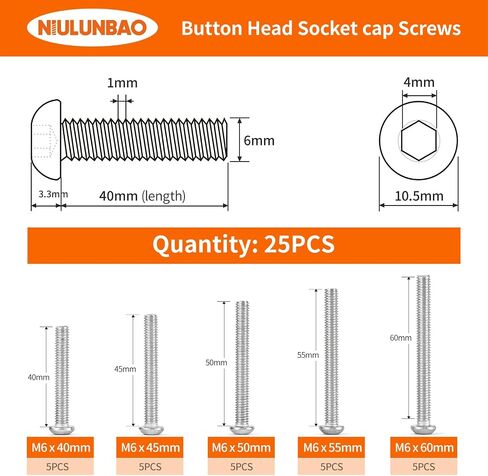 M5 x 60mm 65mm 70mm 75mm 80mm Button Head Socket Cap Screws Bolts 304 Stainless Steel Metric Machine Allen Hex Drive, Fully Threaded, Assortment Kit 25PCS in Saudi Arabia