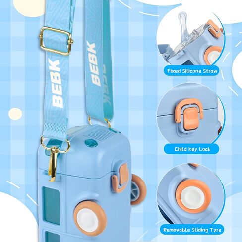 16 oz Kids Water Bottle, Toddler Water Bottle with Straw, BPA Free & Leak Proof Kids Cups, Toddler Toys Bus Water Bottle with Shoulder Strap for School and 3-5 (Blue Bus) in Saudi Arabia