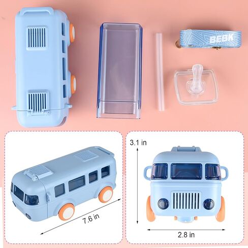 16 oz Kids Water Bottle, Toddler Water Bottle with Straw, BPA Free & Leak Proof Kids Cups, Toddler Toys Bus Water Bottle with Shoulder Strap for School and 3-5 (Blue Bus) in Saudi Arabia