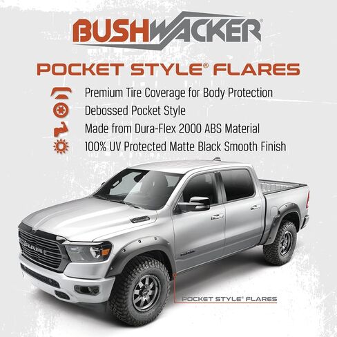 Bushwacker Pocket/برشام مشاعل الحاجز الأمامي والخلفي | طقم مكون من 4 قطع، أسود، لمسة نهائية ناعمة | 50930-02 | يناسب 2019-2022 رام 2500/3500، (باستثناء ثنائي) in Kuwait