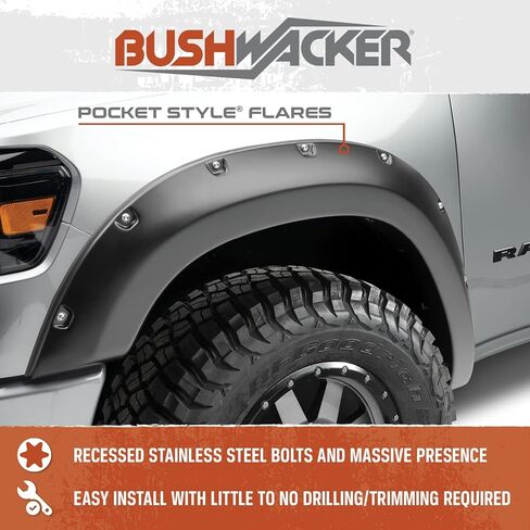 Bushwacker Pocket/برشام مشاعل الحاجز الأمامي والخلفي | طقم مكون من 4 قطع، أسود، لمسة نهائية ناعمة | 50930-02 | يناسب 2019-2022 رام 2500/3500، (باستثناء ثنائي) in Kuwait