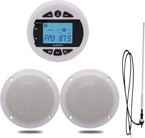 مجموعة راديو ومكبرات الصوت من Herdio Marine، وحدة رأس قياس بحري متوافقة مع بلوتوث + مكبرات صوت مثبتة على الحائط بسقف بحري مقاس 4 بوصة + هوائي FM AM مطاطي مرن (أبيض) in Kuwait