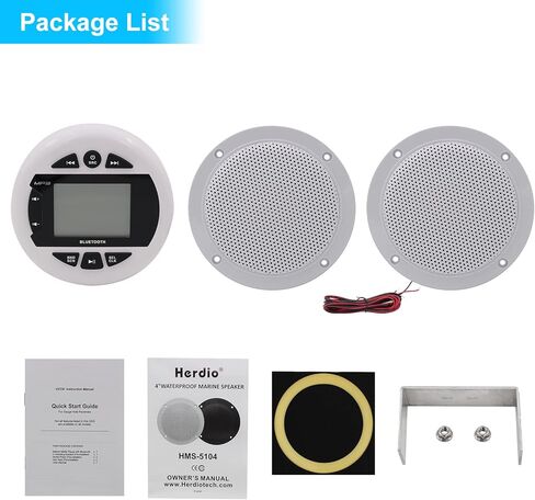 مجموعة راديو ومكبرات الصوت من Herdio Marine، وحدة رأس قياس بحري متوافقة مع بلوتوث + مكبرات صوت مثبتة على الحائط بسقف بحري مقاس 4 بوصة + هوائي FM AM مطاطي مرن (أبيض) in Kuwait