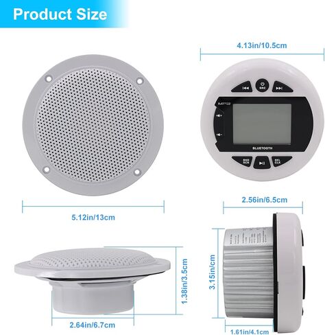 مجموعة راديو ومكبرات الصوت من Herdio Marine، وحدة رأس قياس بحري متوافقة مع بلوتوث + مكبرات صوت مثبتة على الحائط بسقف بحري مقاس 4 بوصة + هوائي FM AM مطاطي مرن (أبيض) in Kuwait