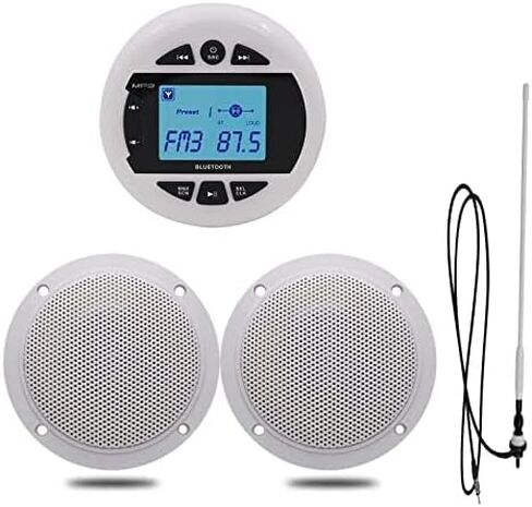 مجموعة راديو ومكبرات الصوت من Herdio Marine، وحدة رأس قياس بحري متوافقة مع بلوتوث + مكبرات صوت مثبتة على الحائط بسقف بحري مقاس 4 بوصة + هوائي FM AM مطاطي مرن (أبيض) in Kuwait