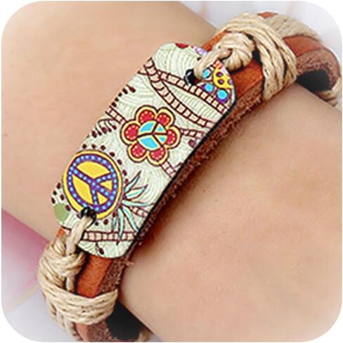 بوهو سوار للنساء قابل للتعديل الجلود التفاف سوار علامة السلام سوار مضفر معصمه بيان الصيف الشاطئ مجموعة مجوهرات للنساء الفتيات عيد ميلاد عطلة هدية in Kuwait