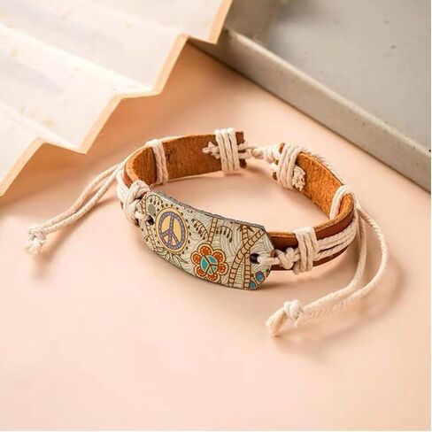 Boho Bracelet for Women Adjustable Leather Wrap Bracelet Peace Sign Bracelet Braided Wristband Statement Summer Beach Jewelry Collection for Women Girls Birthday Holiday Gift in Saudi Arabia