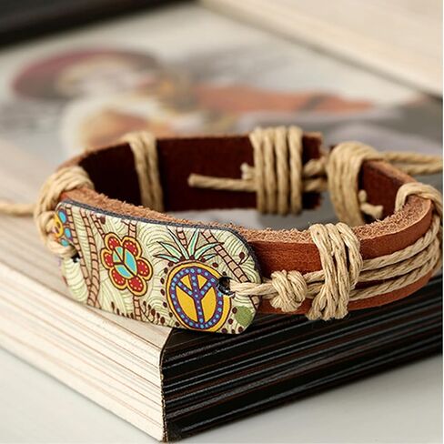 Boho Bracelet for Women Adjustable Leather Wrap Bracelet Peace Sign Bracelet Braided Wristband Statement Summer Beach Jewelry Collection for Women Girls Birthday Holiday Gift in Saudi Arabia