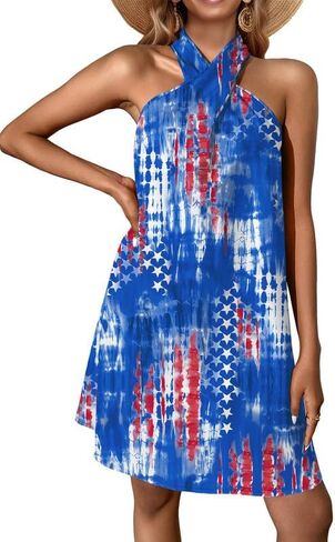 For G and PL Women's 4th of July American Flag Sleeveless Criss Cross Halter Midi Dress in Saudi Arabia