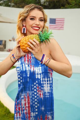 For G and PL Women's 4th of July American Flag Sleeveless Criss Cross Halter Midi Dress in Saudi Arabia