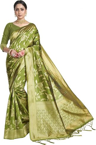 الساري الهندي للنساء من باناراسي آرت الحرير المنسوج ساري | هدية زفاف هندية تقليدية ساري مع بلوزة غير مخيطة in Kuwait