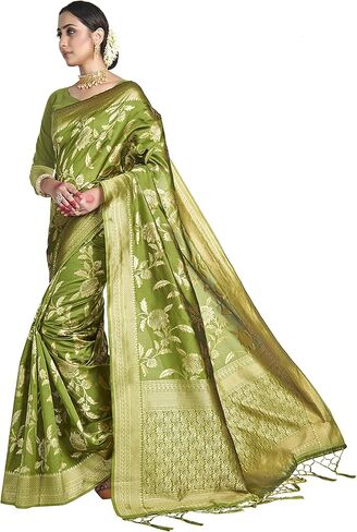 الساري الهندي للنساء من باناراسي آرت الحرير المنسوج ساري | هدية زفاف هندية تقليدية ساري مع بلوزة غير مخيطة in Kuwait