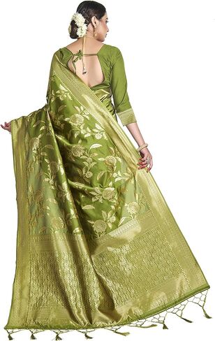 الساري الهندي للنساء من باناراسي آرت الحرير المنسوج ساري | هدية زفاف هندية تقليدية ساري مع بلوزة غير مخيطة in Kuwait